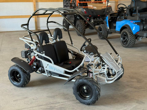 The image showcases the Hammerhead by Polaris MudHead 208R, a versatile and high-performing go-kart designed for young adventurers aged 10 and up. The go-kart features a sleek and durable design with a brush guard at the front for added protection. The 208cc LCT electric-start engine is highlighted, emphasizing the go-kart's power and ease of use. The dual LED headlights and canopy top are visible, showcasing the go-kart's stylish and functional design. The 16 x 6 – 8-inch front tires and 16 x 7 – 8-inch rear tires provide excellent traction and stability, while the rear hydraulic disc brake ensures safe and reliable stopping power. The three-point harness seatbelt adds an extra layer of safety, making it a perfect choice for young riders. Overall, the image captures the essence of a safe, durable, and fun go-kart ready for endless adventures.