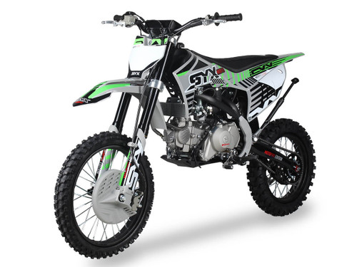 The image showcases the SYX MotoPro PAD140-V2 140cc Pit Bike in one of its three available color options. The bike features a sleek and modern design with upgraded plastic kits and a new muffler with a chrome pipe and anti-scalding sheet. The inverted front shock and coil spring rear shock absorber are prominently displayed, highlighting the bike's advanced suspension system. The heavy-duty black steel rims with off-road tires and hydraulic disc brakes are visible, emphasizing the bike's durability and safety features. The handlebar with a built-in air filter and the SY new forged triple clamp add to the bike's premium feel. The SY V2 double tube cradle frame and SY steel swing arm (knife-shape) are also showcased, underscoring the bike's robust construction. Overall, the image captures the essence of a high-performance, stylish, and durable pit bike ready for any off-road adventure.