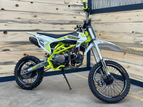 "The Denago MX3 Lime Edition pit bike features a 140cc engine with 4-speed transmission, hydraulic disc brakes, and adjustable suspension. Shown with vibrant lime green accents on CNC components, black powder-coated wheels, and aggressive knobby tires, this performance bike offers inverted forks, folding levers, and stainless exhaust. Perfect for serious trail riding with 14.5" ground clearance." "The Denago MX3 Lime Edition pit bike features a 140cc engine with 4-speed transmission, hydraulic disc brakes, and adjustable suspension. Shown with vibrant lime green accents on CNC components, black powder-coated wheels, and aggressive knobby tires, this performance bike offers inverted forks, folding levers, and stainless exhaust. Perfect for serious trail riding with 14.5" ground clearance."