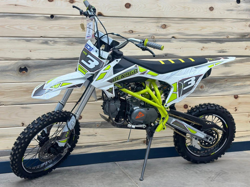 "The Denago MX3 Lime Edition pit bike features a 140cc engine with 4-speed transmission, hydraulic disc brakes, and adjustable suspension. Shown with vibrant lime green accents on CNC components, black powder-coated wheels, and aggressive knobby tires, this performance bike offers inverted forks, folding levers, and stainless exhaust. Perfect for serious trail riding with 14.5" ground clearance." "The Denago MX3 Lime Edition pit bike features a 140cc engine with 4-speed transmission, hydraulic disc brakes, and adjustable suspension. Shown with vibrant lime green accents on CNC components, black powder-coated wheels, and aggressive knobby tires, this performance bike offers inverted forks, folding levers, and stainless exhaust. Perfect for serious trail riding with 14.5" ground clearance."
