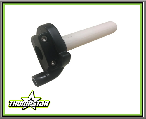 This image showcases the 3003 Throttle Complete Assembly V5, a high-quality throttle system designed for Thumpstar Version 5 pit bike models. The assembly features a solid aluminum housing, a 1/4 turn straight pull throttle mechanism, and an ergonomic grip for superior control and responsiveness. Its durable construction and smooth operation make it a must-have upgrade for pit bike enthusiasts and competitive racers.