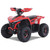 The image features the Denago E-Hawk 6 ATV, a sleek and modern electric ATV designed for kids aged 6 and up. The ATV showcases a bold black finish with multicolored LED lights, giving it a stylish and futuristic look. The rugged all-terrain tires (AT 16 x 8-7) and double A-arm front suspension highlight its capability to handle various terrains, from dirt trails to grassy fields. The handlebar-mounted controls, including the push-button gear selector and keyed ignition, are clearly visible, emphasizing the ATV's user-friendly design. The compact dimensions (51" x 31" x 32.5") and low seat height (23.5") make it perfectly sized for young riders, while the 48V removable lithium-ion battery and 1600W brushless electric motor underscore its eco-friendly and high-performance features. Safety elements like dual hydraulic disk brakes and an anti-theft alarm are subtly integrated into the design. This image captures the essence of the E-Hawk 6 ATV as a safe, fun, and technologically advanced electric vehicle for kids.