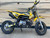 "The Denago MX Yellow Edition pit bike features a 110cc engine with electric start, automatic transmission, and hydraulic disc brakes. Shown with vibrant yellow accents on CNC components, black powder-coated wheels, and aggressive knobby tires, this beginner-friendly bike offers adjustable suspension and foldable levers. Perfect for trails and backyard riding with its 24" seat height."