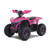 The image features the Denago E-Hawk 6 ATV, a sleek and modern electric ATV designed for kids aged 6 and up. The ATV showcases a bold black finish with multicolored LED lights, giving it a stylish and futuristic look. The rugged all-terrain tires (AT 16 x 8-7) and double A-arm front suspension highlight its capability to handle various terrains, from dirt trails to grassy fields. The handlebar-mounted controls, including the push-button gear selector and keyed ignition, are clearly visible, emphasizing the ATV's user-friendly design. The compact dimensions (51" x 31" x 32.5") and low seat height (23.5") make it perfectly sized for young riders, while the 48V removable lithium-ion battery and 1600W brushless electric motor underscore its eco-friendly and high-performance features. Safety elements like dual hydraulic disk brakes and an anti-theft alarm are subtly integrated into the design. This image captures the essence of the E-Hawk 6 ATV as a safe, fun, and technologically advanced electric vehicle for kids.