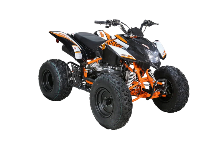 The image showcases the Kayo Storm 180 ATV, a rugged and stylish all-terrain vehicle designed for off-road adventures. The ATV features a sleek design with aggressive front tires, a double A-arm suspension system, and a sturdy frame. The image highlights the ATV's compact yet powerful build, hydraulic disc brakes, and comfortable seat, making it an ideal choice for riders seeking performance and reliability on challenging terrains. The rear view emphasizes the single rear tail/brake light and rear disc brake, adding to the ATV's safety features. The image showcases the Kayo Storm 180 ATV, a rugged and stylish all-terrain vehicle designed for off-road adventures. The ATV features a sleek design with aggressive front tires, a double A-arm suspension system, and a sturdy frame. The image highlights the ATV's compact yet powerful build, hydraulic disc brakes, and comfortable seat, making it an ideal choice for riders seeking performance and reliability on challenging terrains. The rear view emphasizes the single rear tail/brake light and rear disc brake, adding to the ATV's safety features.