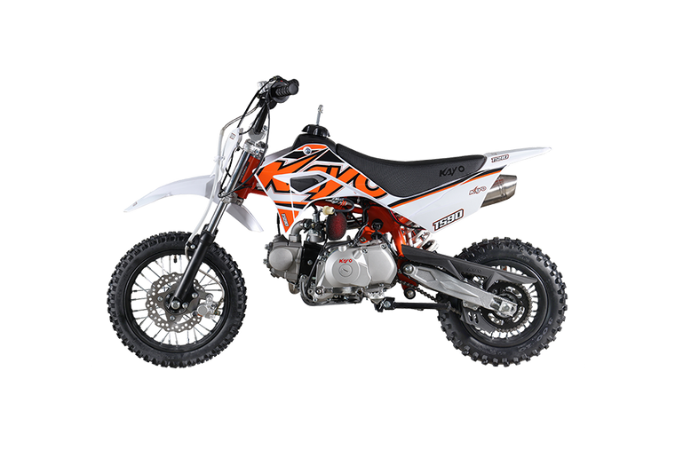 The image showcases the Kayo TS90 90cc Pit Bike, a sleek and agile off-road machine designed for riders of all skill levels. The bike features a compact and lightweight design with a 24.6-inch seat height, making it accessible to a wide range of riders. The 86cc 4-stroke engine and electric/kick start system are highlighted, emphasizing the bike's ease of use and reliability. The front and rear disc brakes are visible, showcasing the bike's safety features. The 12-inch front tire and 10-inch rear tire provide excellent traction and stability, while the conventional front forks and single rear shock ensure a smooth and comfortable ride. The low tack seat cover adds comfort and grip, and the 7-inch ground clearance allows the bike to tackle rough terrains with ease. Overall, the image captures the essence of a versatile, high-performing, and fun pit bike ready for any off-road adventure.