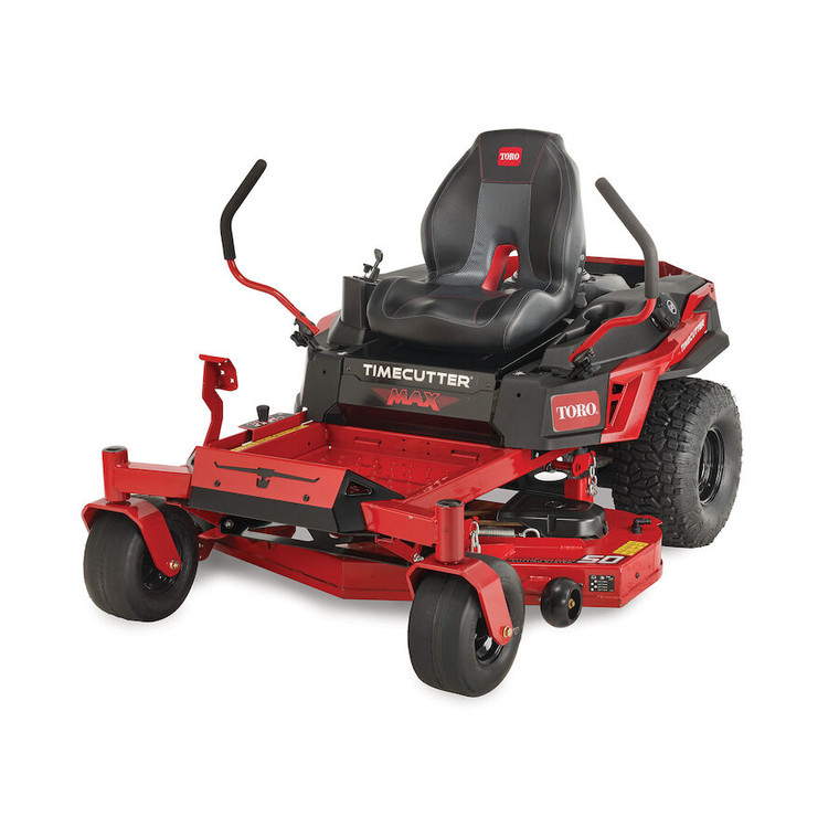 Toro 50" TimeCutter Max Zero Turn Mower (77501), a powerful and durable lawn care machine designed for professional-grade performance. The mower features a heavy-duty IronForged® deck constructed from 10-gauge steel, built to withstand tough mowing conditions. The 23 hp Kawasaki FR691V engine is prominently displayed, highlighting its reliability and power. The gaming-style seat offers superior comfort and support, while the beefy hybrid-tread rear tires provide excellent traction on any terrain. The spray-blocking fenders are visible, designed to keep tire spray off the engine and operator. The mower’s automotive-style fuel fill and 5-gallon fuel tank are shown, emphasizing convenience and efficiency. The ultra-strong, fully tubular steel frame ensures durability, and the integrated drain hose simplifies maintenance. This image captures the TimeCutter Max’s professional features, making it the ideal choice for homeowners seeking a high-performance, durable, and easy-to-maintain zero-turn mower.