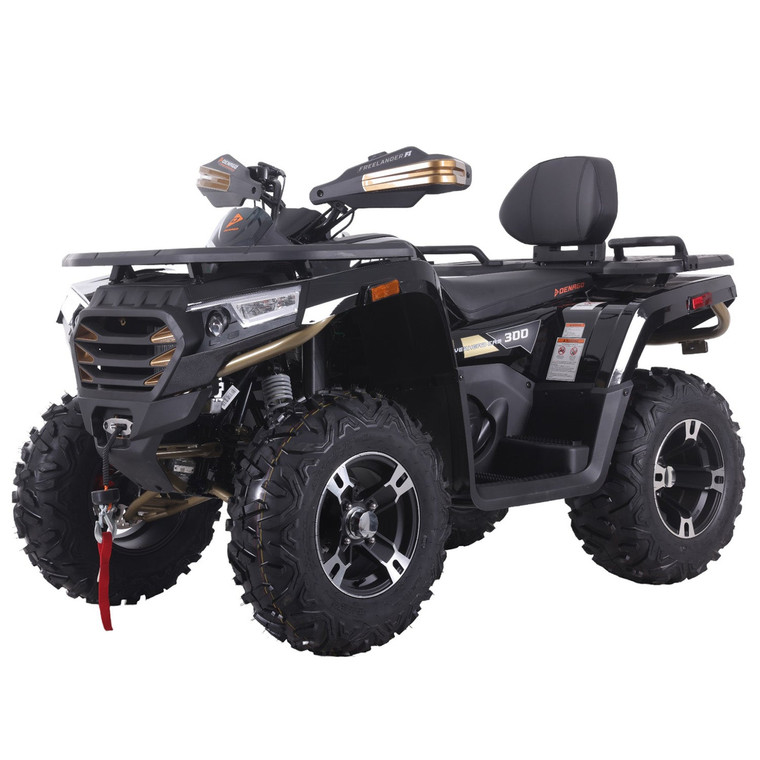 Denago Freelander 300FI ATV, a rugged and versatile 2-wheel drive utility vehicle designed for both work and recreation. The ATV features a sleek design with custom aluminum rims, full floorboards, and front and rear racks for added utility. The 1+1 seating configuration with a removable backrest is highlighted, along with the 2500 lbs. electric winch and synthetic rope. The image also emphasizes the ATV's LED lighting, hydraulic disc brakes, and prewired tow hitch, making it a practical and powerful choice for outdoor enthusiasts and workers alike. Denago Freelander 300FI ATV, a rugged and versatile 2-wheel drive utility vehicle designed for both work and recreation. The ATV features a sleek design with custom aluminum rims, full floorboards, and front and rear racks for added utility. The 1+1 seating configuration with a removable backrest is highlighted, along with the 2500 lbs. electric winch and synthetic rope. The image also emphasizes the ATV's LED lighting, hydraulic disc brakes, and prewired tow hitch, making it a practical and powerful choice for outdoor enthusiasts and workers alike.