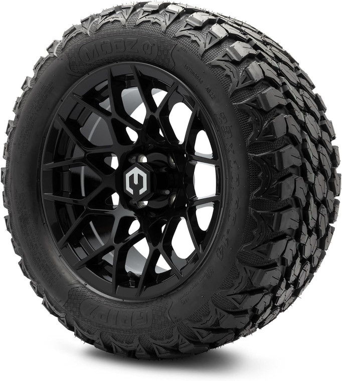MODZ® Blitz Glossy Black 14" Golf Cart Wheels and MODZ® Gripz (23x10-14) All-Terrain Golf Cart Tires Combo - Set of 4