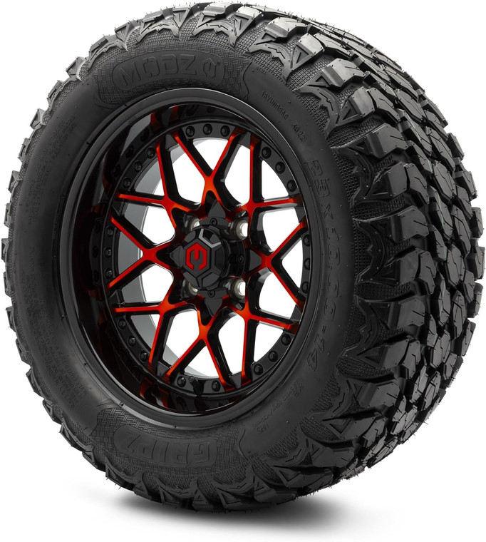 MODZ® Formula Red and Black 14" Golf Cart Wheels and MODZ® Gripz (23x10-14) All-Terrain Golf Cart Tires Combo - Set of 4