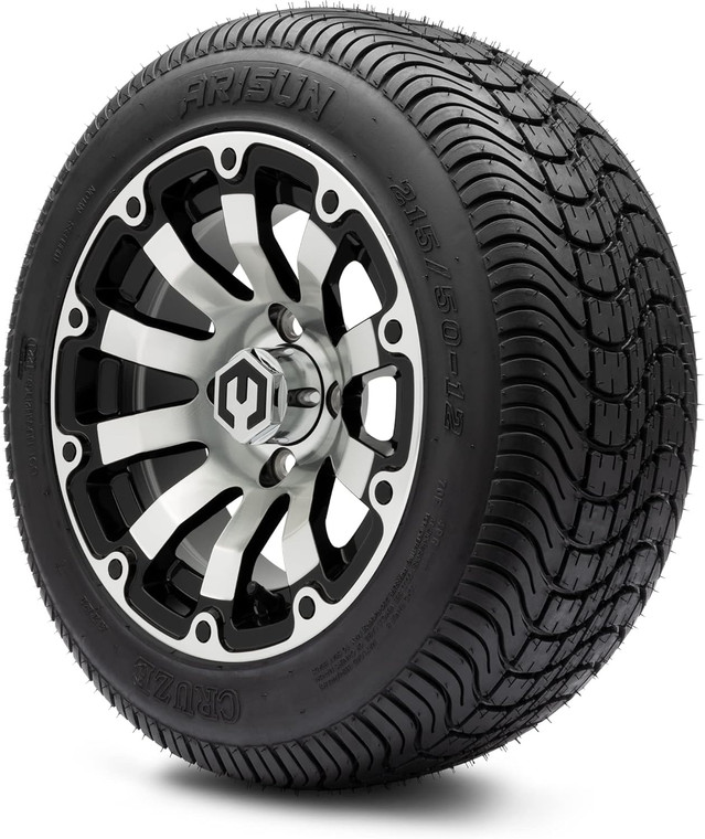 MODZ® Bomber Machined Black 12" Golf Cart Wheels and Arisun Cruze (215/50-12) DOT Low Profile Golf Cart Tires Combo - Set of 4