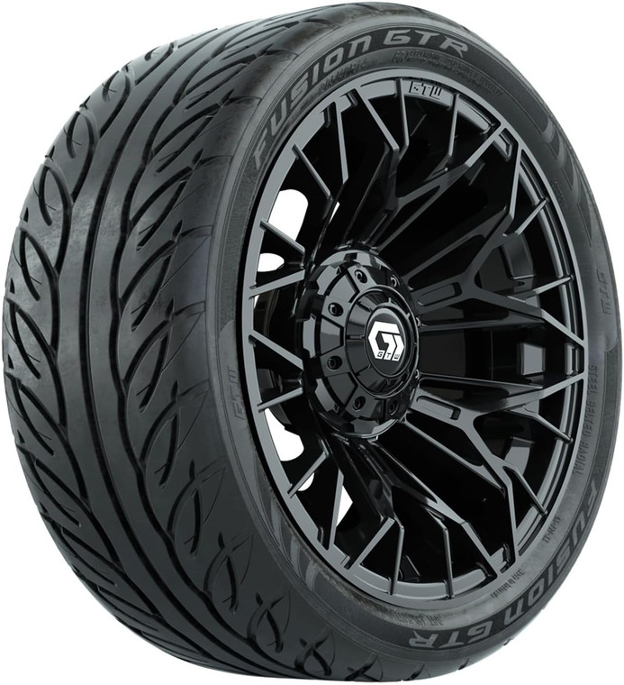 GTW 14 Inch Golf Cart Wheels and Tires Combo | GTW Stellar Matte Black Wheels on 205/40-R14 (21") Fusion GTR Steel Belted Radial Street Tires | Set of 4