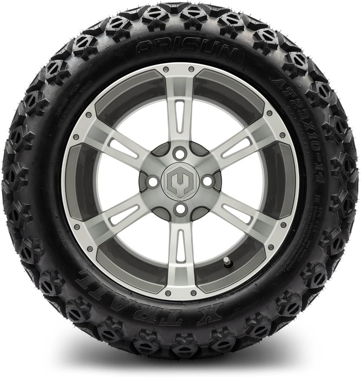 MODZ® Ambush Gunmetal 14" Golf Cart Wheels and Arisun X-Trail (23x10-14) DOT All-Terrain Golf Cart Tires Combo - Set of 4