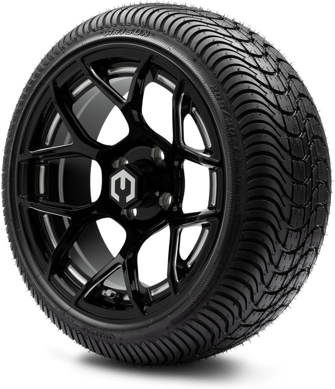 MODZ® Renegade Glossy Black with Ball Mill 14" Golf Cart Wheels and Arisun Cruze (205/30-14) Low Profile DOT Golf Cart Tires Combo - Set of 4