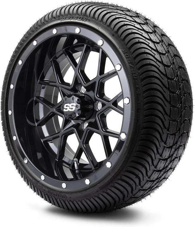 MODZ® Vortex Glossy Black 14" Golf Cart Wheels and Arisun Cruze (205/30-14) Low Profile DOT Golf Cart Tires Combo - Set of 4