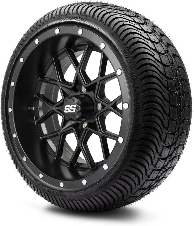 MODZ® Vortex Matte Black 14" Golf Cart Wheels and Arisun Cruze (205/30-14) Low Profile DOT Golf Cart Tires Combo - Set of 4