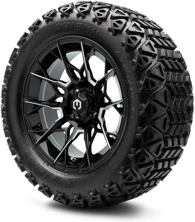 MODZ® Chaos Glossy Black with Ball Mill 14" Golf Cart Wheels and Arisun X-Trail (23x10-14) DOT All-Terrain Golf Cart Tires Combo - Set of 4