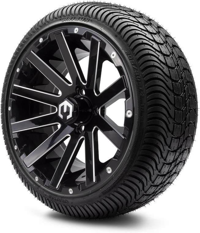 MODZ® Mauler Glossy Black with Ball Mill 14" Golf Cart Wheels and Arisun Cruze (205/30-14) Low Profile DOT Golf Cart Tires Combo - Set of 4