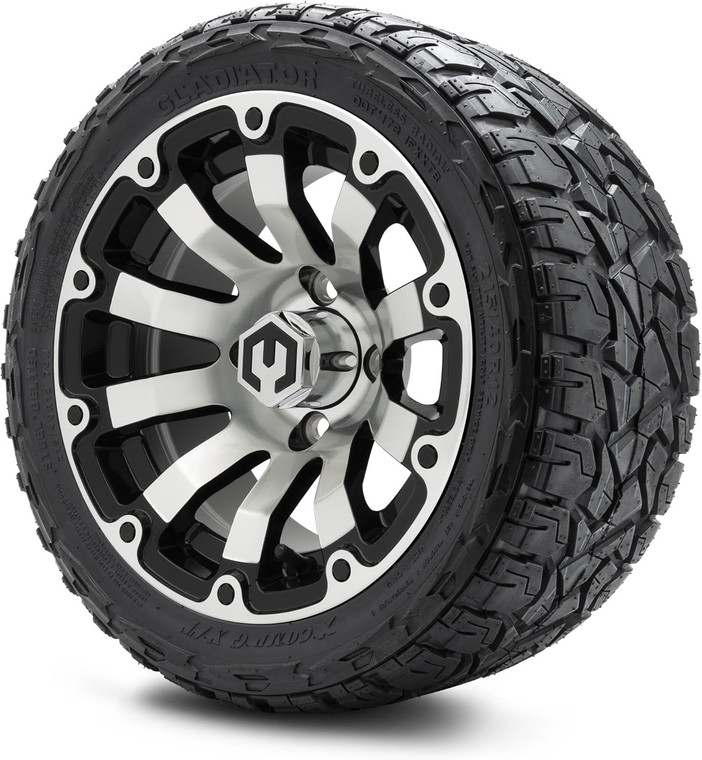 MODZ® Bomber Machined Black 12" Golf Cart Wheels and X-Comp Gladiator (215/40-R12) DOT Steel-Belted Radial Golf Cart Tires Combo - Set of 4