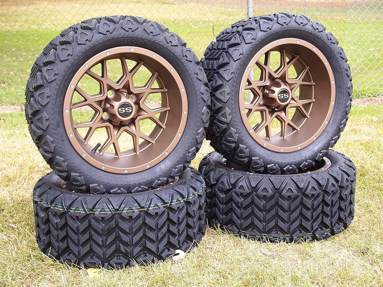 14" Bronze Deep Dish Golf Cart Wheels & Tires Combo 23x10-14 All Terrain/DOT Certified, Compatable With EZGO/Club Car/YMH; 5"or 6" Lift Kit Required 14" Bronze Deep Dish Golf Cart Wheels & Tires Combo 23x10-14 All Terrain/DOT Certified, Compatable With EZGO/Club Car/YMH; 5"or 6" Lift Kit Required