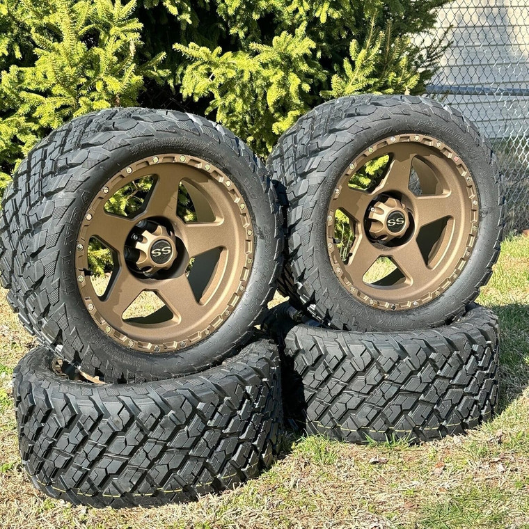 14" Bronze Golf Cart Wheels/Tires 23x10-14 With Trendy All Terrain & Street Tread/DOT Certified, Quiet and Smooth Ride, Compatable with EZGO/Club Car/YMH. 5" or 6" Lift Kit Required 14" Bronze Golf Cart Wheels/Tires 23x10-14 With Trendy All Terrain & Street Tread/DOT Certified, Quiet and Smooth Ride, Compatable with EZGO/Club Car/YMH. 5" or 6" Lift Kit Required
