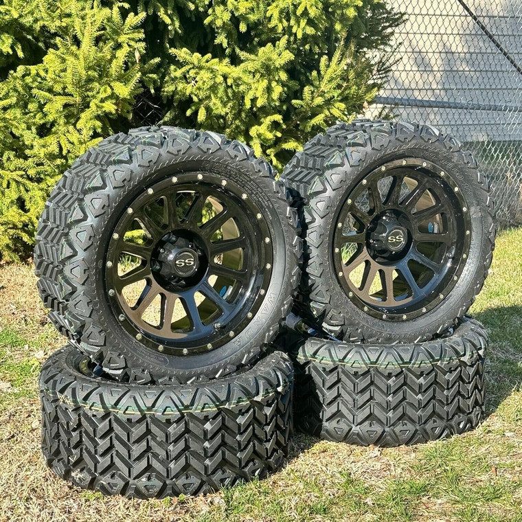 14 Inch Glossy Black Cascade Golf Cart Wheel With All Terrain Tire 23x10-14, DOT Certified, 4x Center Caps and 16x Lug Nuts Are Included. 5"or 6"Lift Kit Required. 14 Inch Glossy Black Cascade Golf Cart Wheel With All Terrain Tire 23x10-14, DOT Certified, 4x Center Caps and 16x Lug Nuts Are Included. 5"or 6"Lift Kit Required.