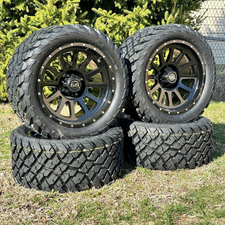 14" Glossy Black Golf Cart Wheels/Tires Combo 23x10-14 With Trendy All Terrain & Street Tread/DOT Certified, Quiet and Smooth Ride, Compatable W/EZGO/Club Car/YMH. Lift Kit Required 14" Glossy Black Golf Cart Wheels/Tires Combo 23x10-14 With Trendy All Terrain & Street Tread/DOT Certified, Quiet and Smooth Ride, Compatable W/EZGO/Club Car/YMH. Lift Kit Required