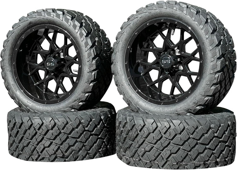 Glossy Black 14" Deep Dish Golf Cart Wheels & Tires 23x10-14 All Terrain/Street Use, DOT Certified, Compatable with EZGO/Club Car/YMH, Quiet and Smooth Ride, 5" or 6" Lift Kit Required. Glossy Black 14" Deep Dish Golf Cart Wheels & Tires 23x10-14 All Terrain/Street Use, DOT Certified, Compatable with EZGO/Club Car/YMH, Quiet and Smooth Ride, 5" or 6" Lift Kit Required.