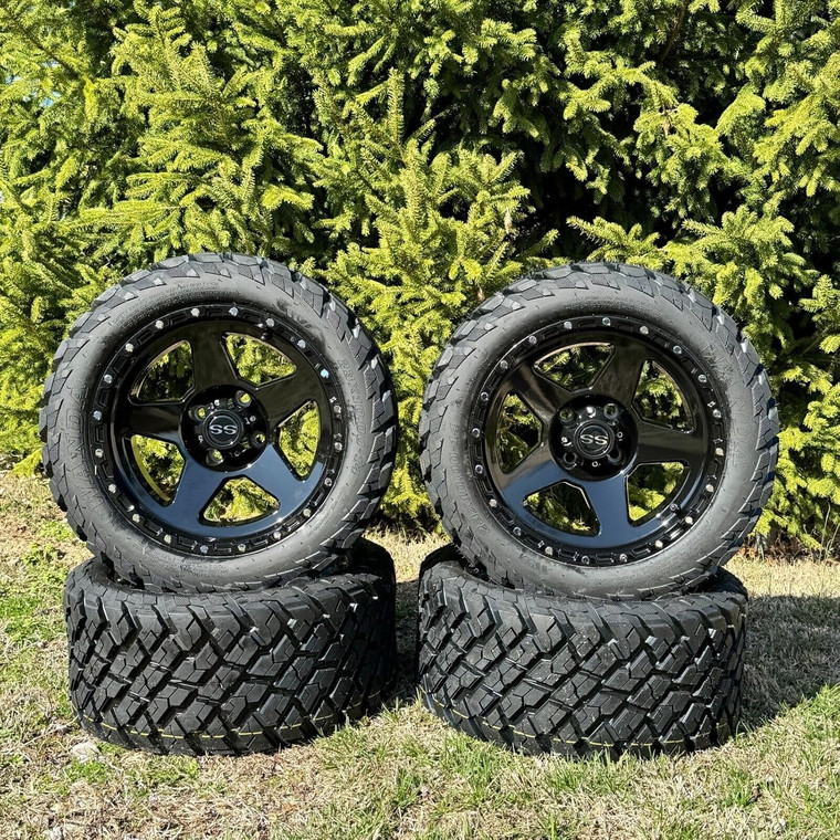 14" Glossy Black Golf Cart Wheels/Tires 23x10-14 With Trendy All Terrain & Street Tread/DOT Certified, Quiet and Smooth Ride, Compatable W/EZGO/Club Car/YMH. 5" or 6" Lift Kit Required 14" Glossy Black Golf Cart Wheels/Tires 23x10-14 With Trendy All Terrain & Street Tread/DOT Certified, Quiet and Smooth Ride, Compatable W/EZGO/Club Car/YMH. 5" or 6" Lift Kit Required