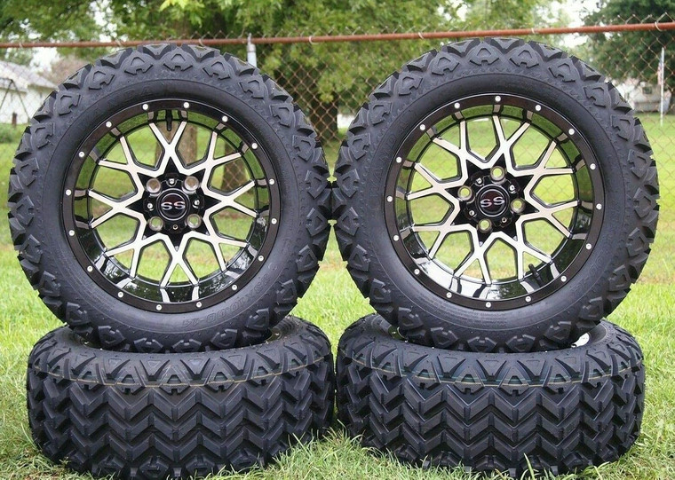 14" Machined Fusion Deep Dish Golf Cart Wheels & Tires Combo 23x10-14 All Terrain/DOT Certified, Compatable With EZGO/Club Car/YMH; 5"or 6" Lift Kit Required 14" Machined Fusion Deep Dish Golf Cart Wheels & Tires Combo 23x10-14 All Terrain/DOT Certified, Compatable With EZGO/Club Car/YMH; 5"or 6" Lift Kit Required