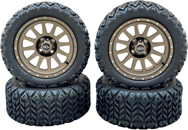 14" Bronze Cascade Golf Cart Wheels & Tires 23x10-14 All Terrain, DOT Certified, Compatible With EZGO/Club Car/Yamaha, 5"or 6" Lift Kit Required