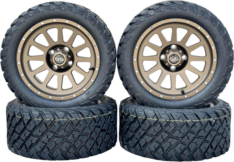 14" Bronze Cascade Golf Cart Wheels/Tires 23x10-14 All Terrain/Street Use Tire/DOT Certified, Compatable W/EZGO/Club Car/YMH, Quiet Smooth Ride, Lift Kit Required. 14" Bronze Cascade Golf Cart Wheels/Tires 23x10-14 All Terrain/Street Use Tire/DOT Certified, Compatable W/EZGO/Club Car/YMH, Quiet Smooth Ride, Lift Kit Required.