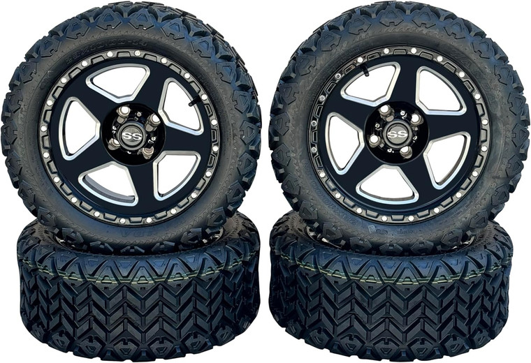 14" Black Milled Spoke Warrior Golf Cart Wheels & Tires 23x10-14 All Terrain, DOT Certified, Compatible With EZGO/Club Car/Yamaha, 5"or 6" Lift Kit Required