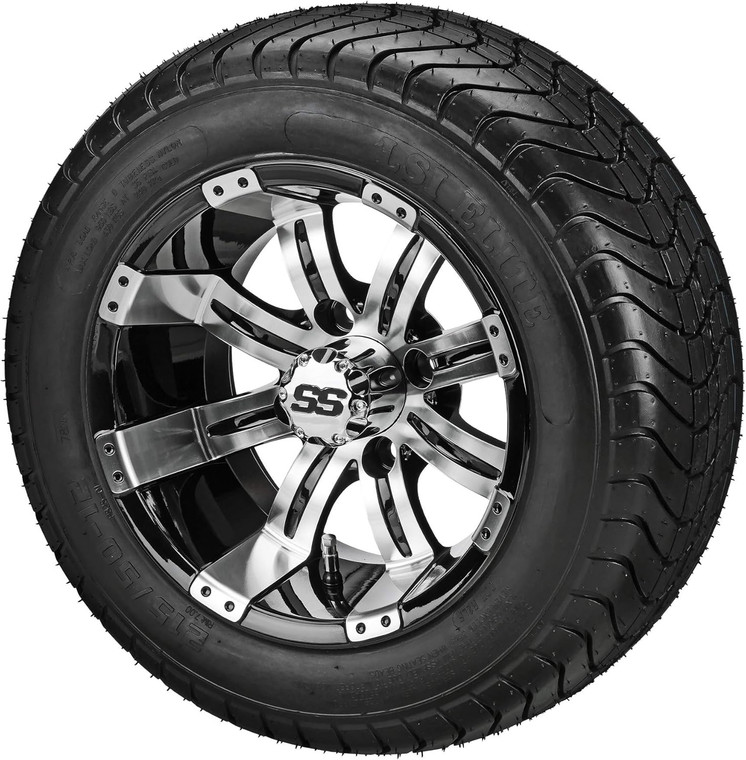 12" Casino Black/Machined on 215/40-12 LSI Elite Tires (Set of 4), Fits Club Car & EZGo Carts, Golf Cart Tires and Wheels Combo