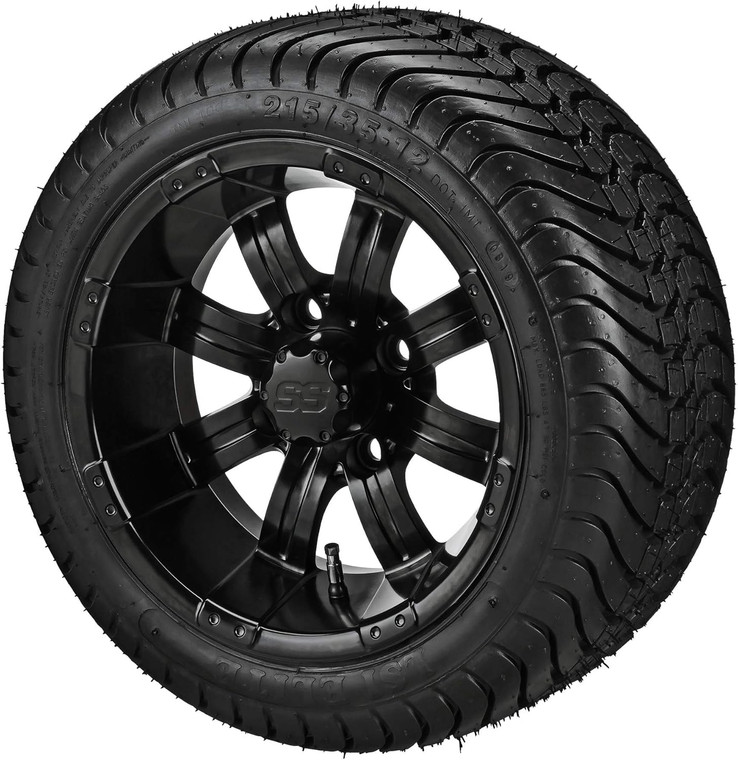 12" Casino Matte Black on 215/35-12 LSI Elite Tires (Set of 4), Fits Club Car & EZGo Carts, Golf Cart Tires and Wheels Combo