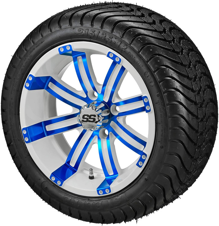 12" Casino White/Blue on 215/35-12 LSI Elite Tires (Set of 4), Fits Yamaha Carts, Golf Cart Tires and Wheels Combo
