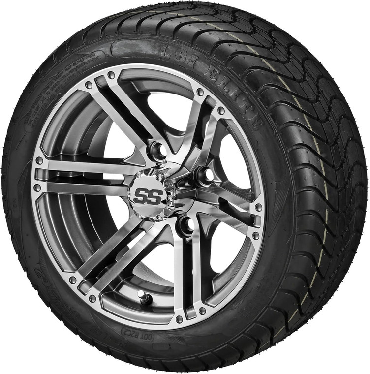 12" Yukon Gun Metal Gray/Machined on 215/40-12 LSI Elite Tires (Set of 4), Fits Club Car & EZGo Carts, Golf Cart Tires and Wheels Combo