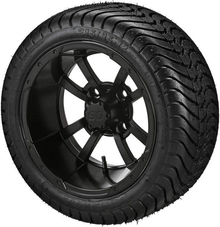 12" Maltese Cross Matte Black on 215/35-12 LSI Elite Tires (Set of 4), Fits Club Car & EZGo Carts, Golf Cart Tires and Wheels Combo