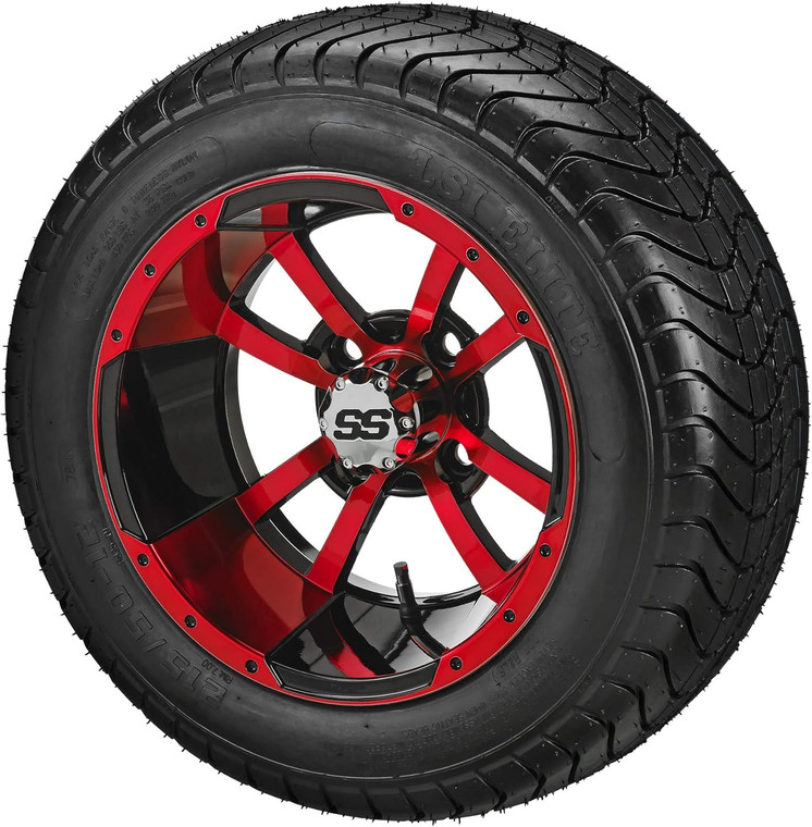 12" Maltese Cross Black/Red on 215/40-12 LSI Elite Tires (Set of 4) fits Standard Lug Nuts