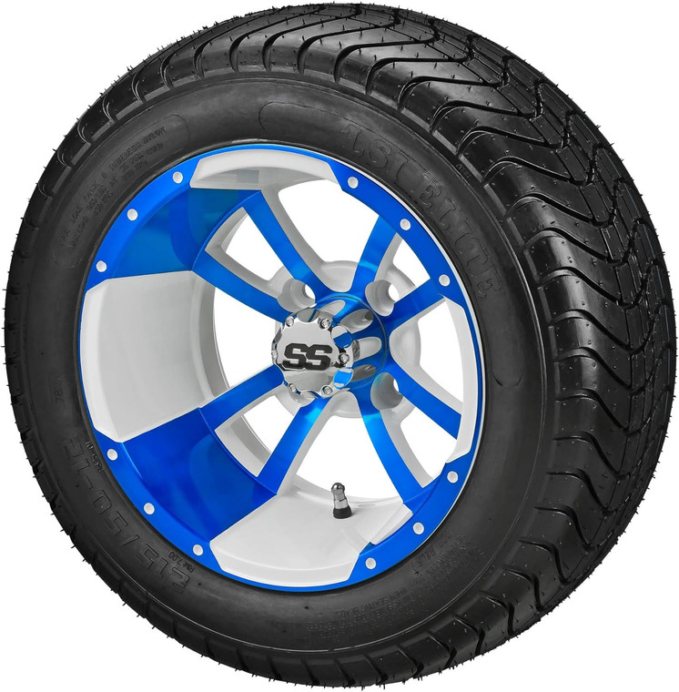 12" Maltese Cross White/Blue on 215/40-12 LSI Elite Tires (Set of 4) fits Standard Lug Nuts