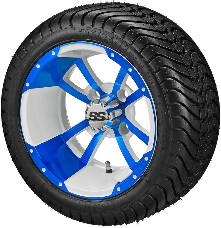 12" Maltese Cross White/Blue on 215/35-12 LSI Elite Tires (Set of 4) fits Standard Lug Nuts