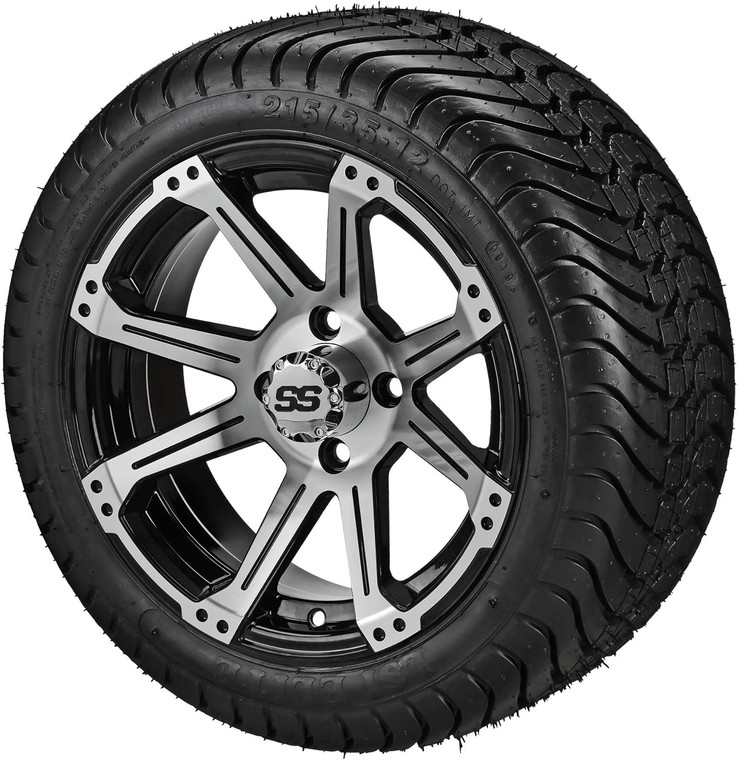 12" Rampage Black/Machined on 215/40-12 LSI Elite Tires (Set of 4), Fits Club Car & EZGo Carts, Golf Cart Tires and Wheels Combo