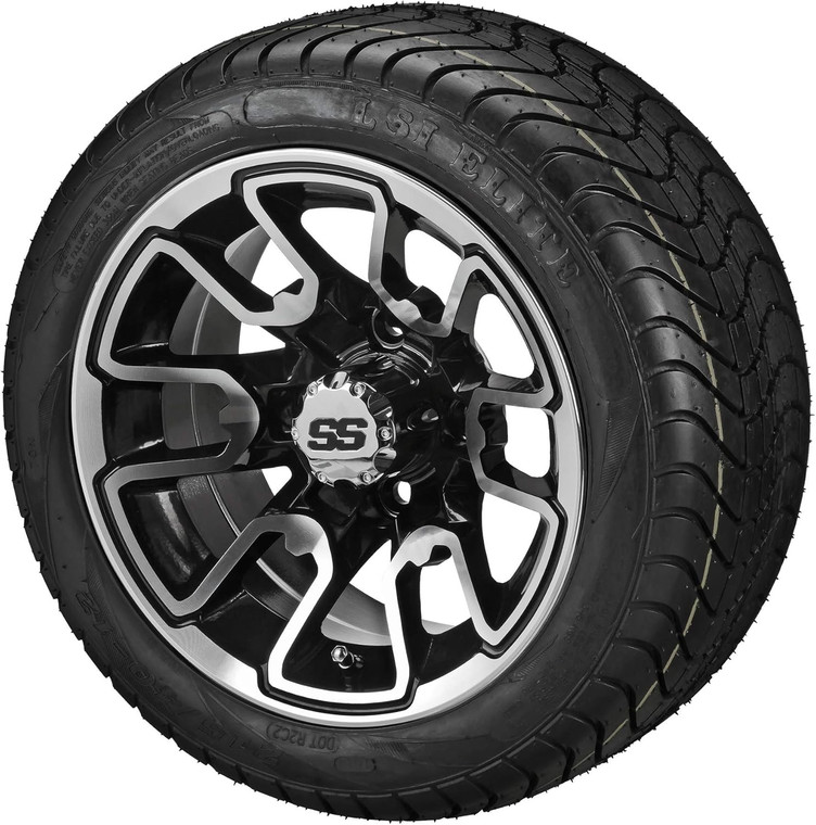 12" Tombstone Black/Machined on 215/40-12 LSI Elite Tires (Set of 4), Fits Club Car & EZGo Carts, Golf Cart Tires and Wheels Combo