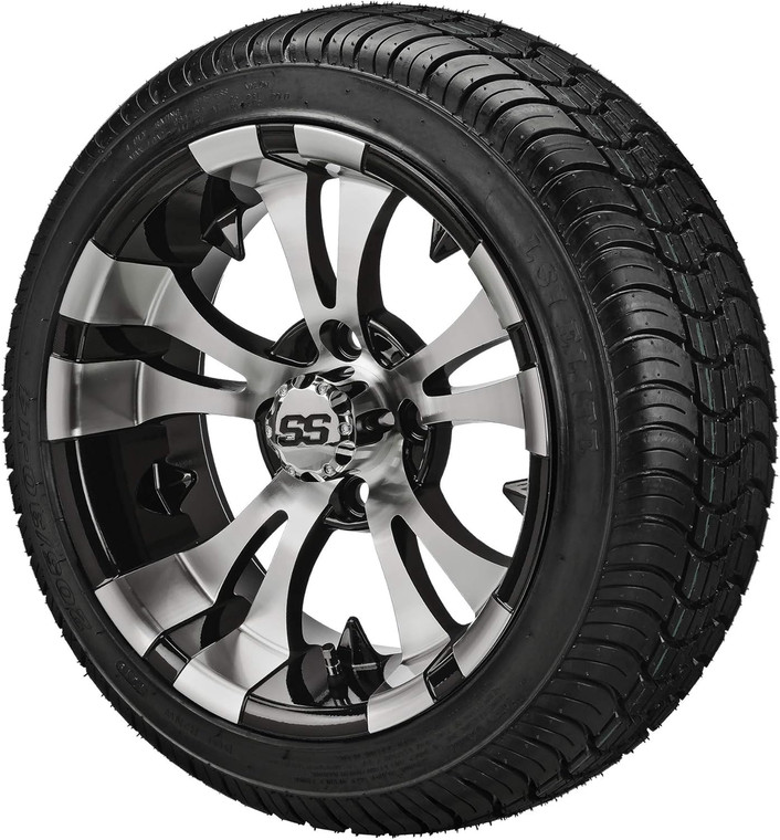 14" Warlock Black/Machined on 205/30-14 LSI Elite Tires (Set of 4), Fits Club Car & EZGo Carts, Golf Cart Tires and Wheels Combo