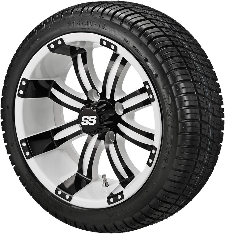14" Casino White/Black on 205/30-14 Deli Tires (Set of 4), Fits Club Car & EZGo Carts, Golf Cart Tires and Wheels Combo