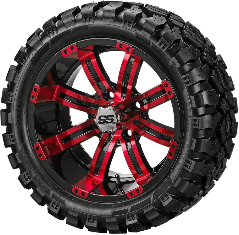 14" Casino Black/Red on 23x10R14 Sierra Rover Radial Tires (Set of 4), Fits Club Car & EZGo Carts, Golf Cart Tires and Wheels Combo, Can be Used on Lawn Mowers and ATV's