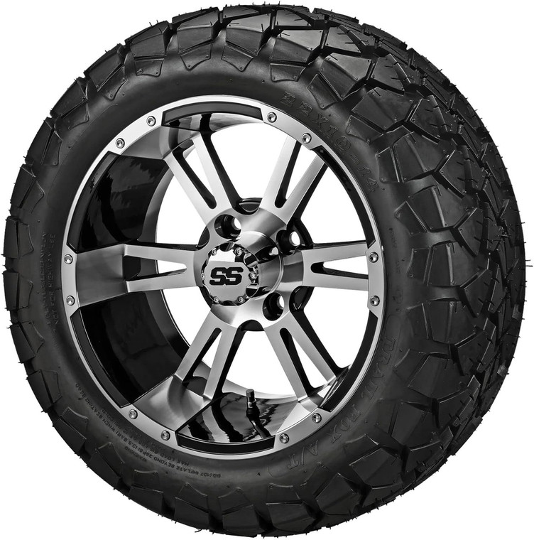 14" Raptor Black/Machined on 22x10-14 Trail Fox A/T Tires (Set of 4), Fits Club Car & EZGo carts, Golf Cart Tires and Wheels Combo, Can be Used on Lawn Mowers and ATV's