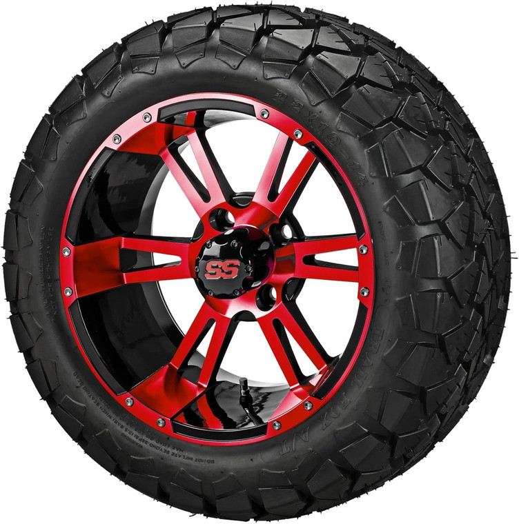 14" Raptor Black/Red on 22x10-14 Trail Fox A/T Tires (Set of 4), Fits Club Car & EZGo carts, Golf Cart Tires and Wheels Combo, Can be Used on Lawn Mowers and ATV's