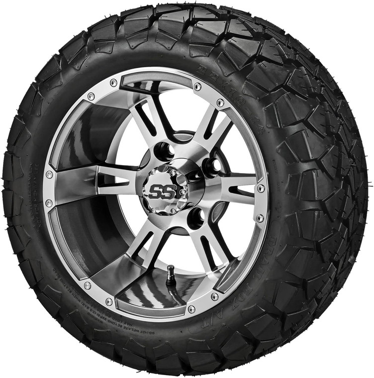 14" Raptor Gun Metal Gray/Machined on 22x10-14 Trail Fox A/T Tires (Set of 4), Fits Club Car & EZGo carts, Golf Cart Tires and Wheels Combo, Can be Used on Lawn Mowers and ATV's