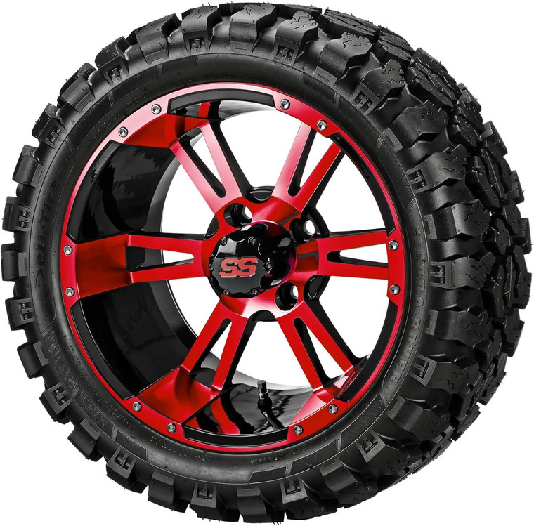 14" Raptor Black/Red on 23x10R14 Sierra Rover Radial Tires (Set of 4), Fits Club Car & EZGo Carts, Golf Cart Tires and Wheels Combo, Can be Used on Lawn Mowers and ATV's